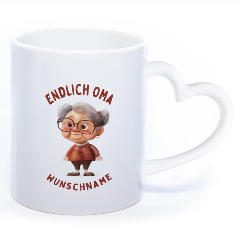 "Endlich Oma"-Tasse mit Wunschnamen - spülmaschinenfest