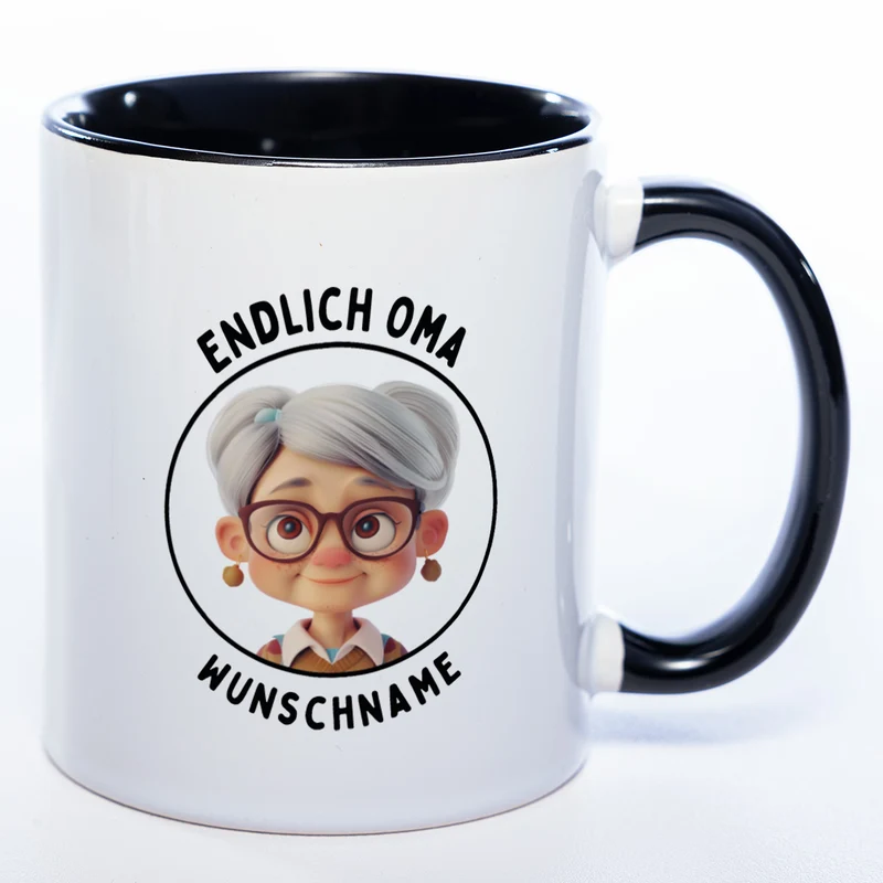 "Endlich Oma"-Tasse mit Wunschnamen - spülmaschinenfest