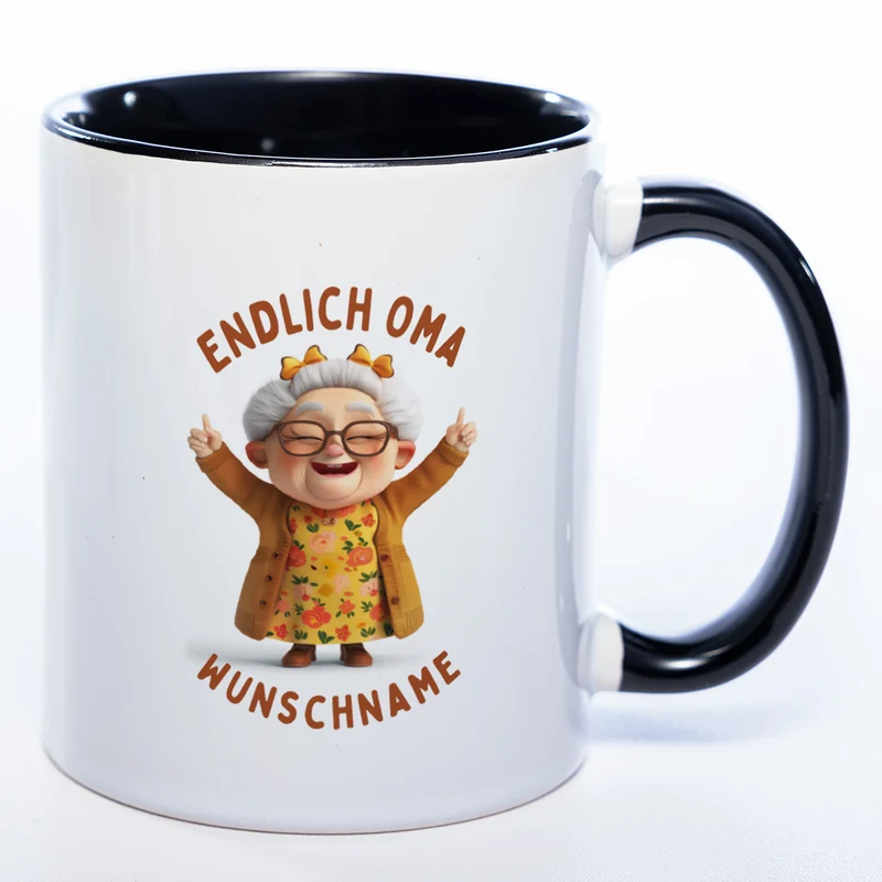 "Endlich Oma"-Tasse mit Wunschnamen - spülmaschinenfest