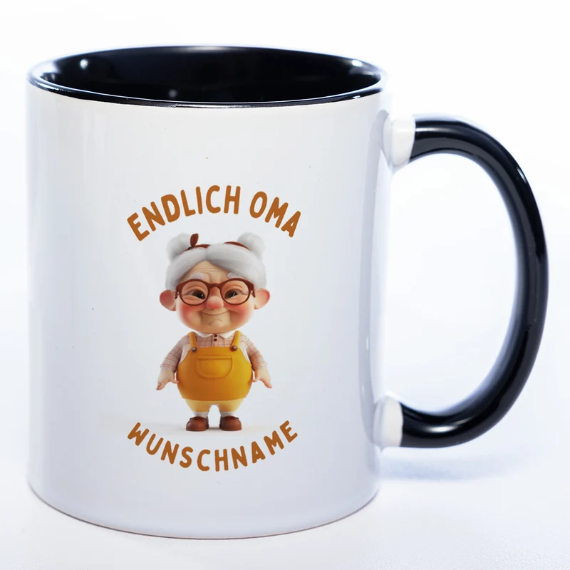 "Endlich Oma"-Tasse mit Wunschnamen - spülmaschinenfest