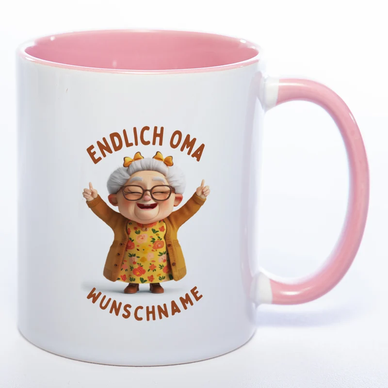 "Endlich Oma"-Tasse mit Wunschnamen - spülmaschinenfest