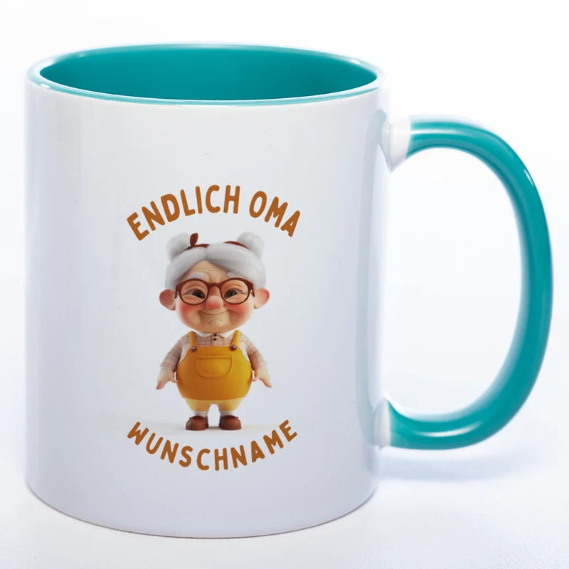 "Endlich Oma"-Tasse mit Wunschnamen - spülmaschinenfest