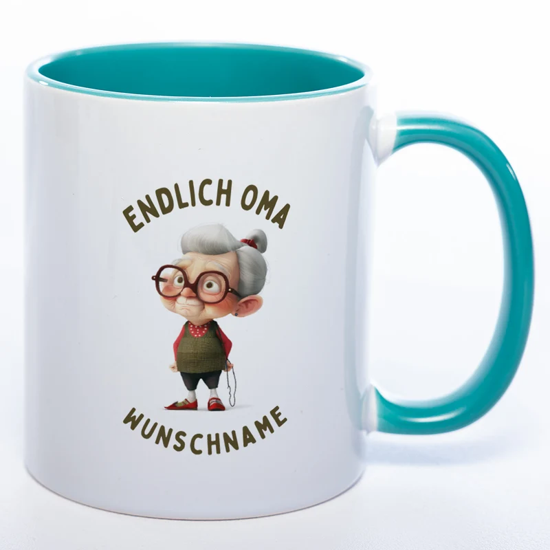 "Endlich Oma"-Tasse mit Wunschnamen - spülmaschinenfest