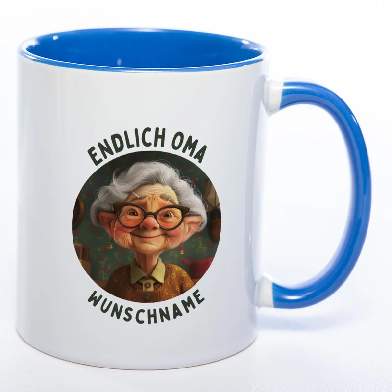 "Endlich Oma"-Tasse mit Wunschnamen - spülmaschinenfest
