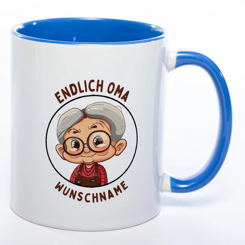 "Endlich Oma"-Tasse mit Wunschnamen - spülmaschinenfest