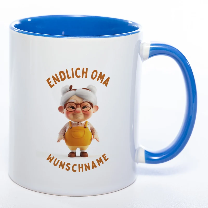 "Endlich Oma"-Tasse mit Wunschnamen - spülmaschinenfest