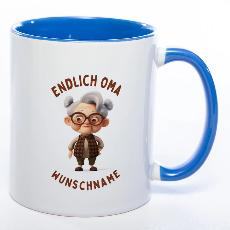 "Endlich Oma"-Tasse mit Wunschnamen - spülmaschinenfest