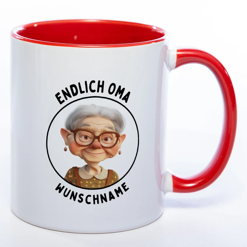 "Endlich Oma"-Tasse mit Wunschnamen - spülmaschinenfest