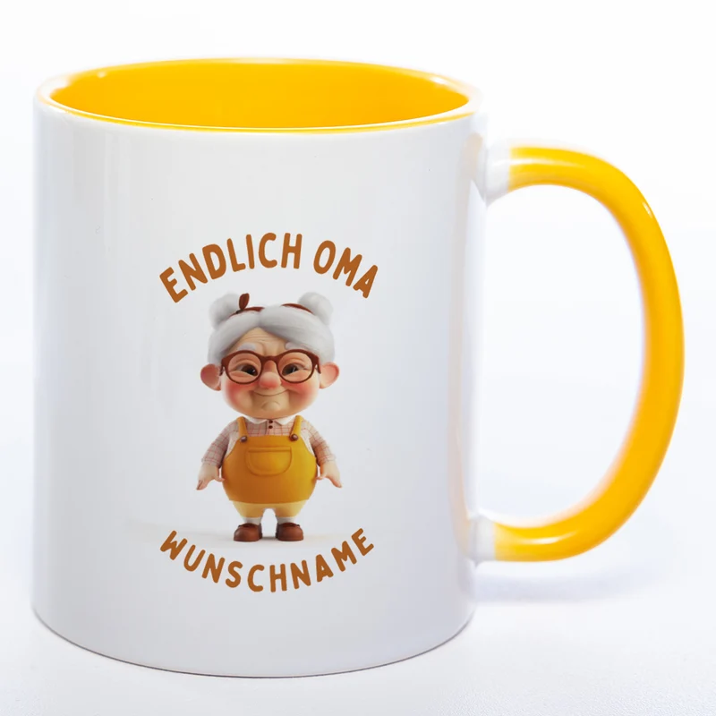 "Endlich Oma"-Tasse mit Wunschnamen - spülmaschinenfest