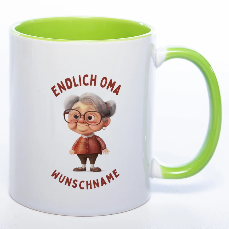 "Endlich Oma"-Tasse mit Wunschnamen - spülmaschinenfest