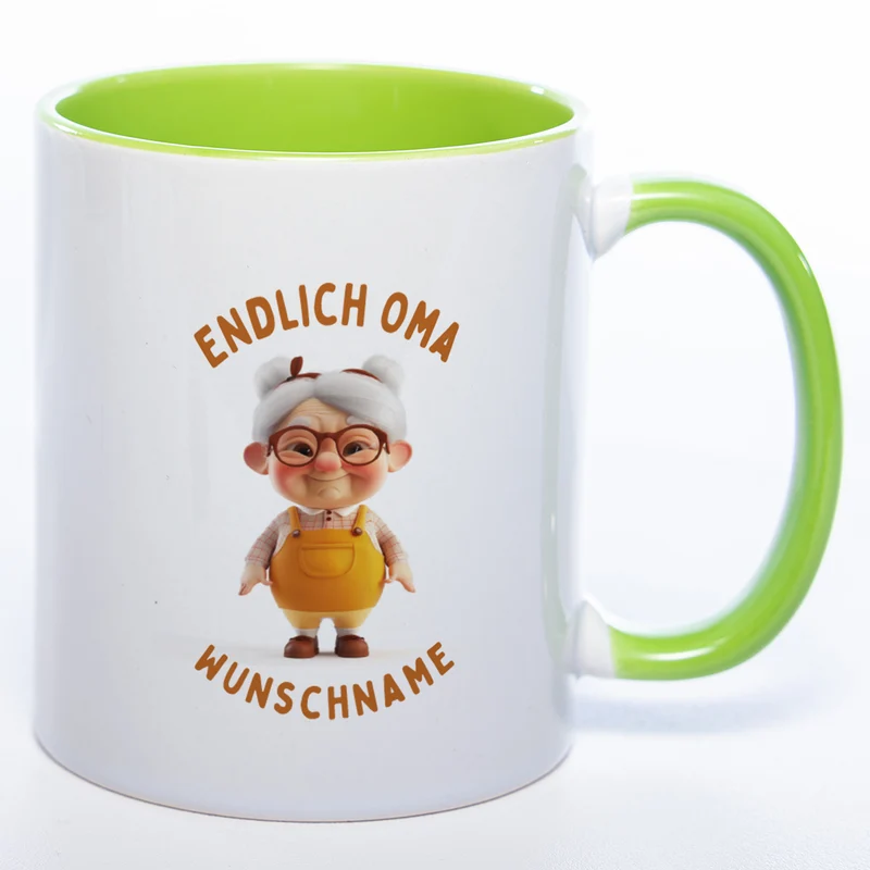 "Endlich Oma"-Tasse mit Wunschnamen - spülmaschinenfest