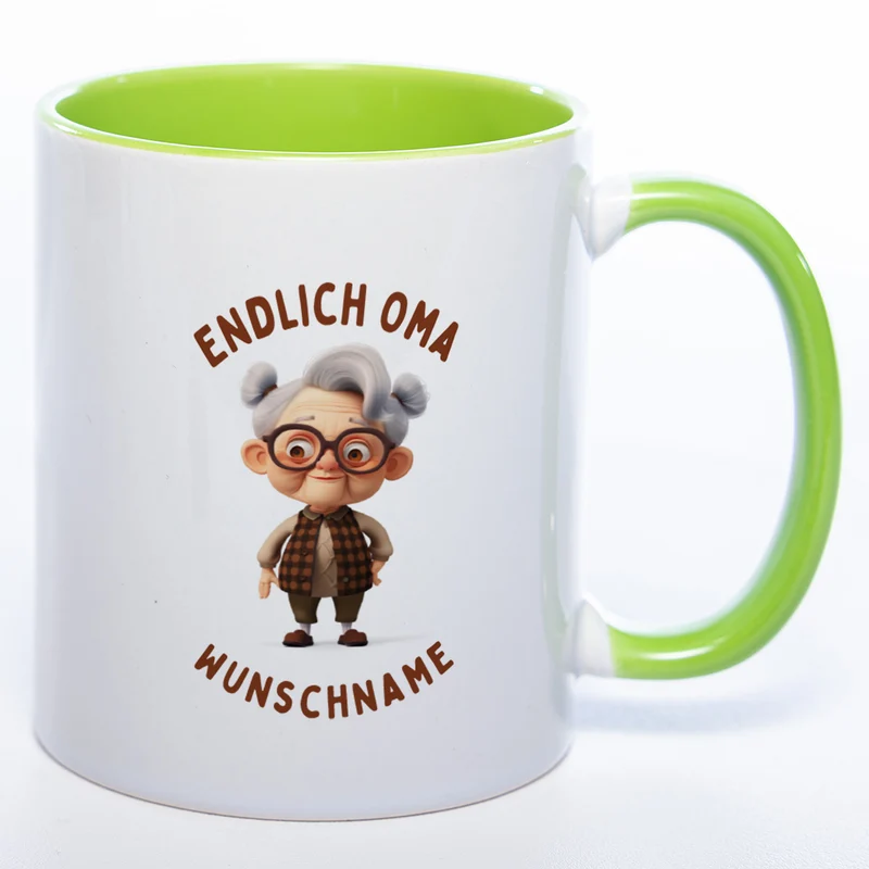 "Endlich Oma"-Tasse mit Wunschnamen - spülmaschinenfest