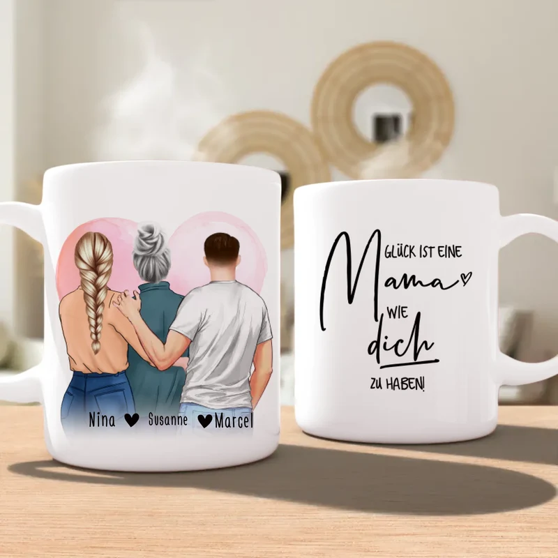 Personalisierte Tasse - Mutter/Mama + 1 Tochter + 1 Sohn (stehend)