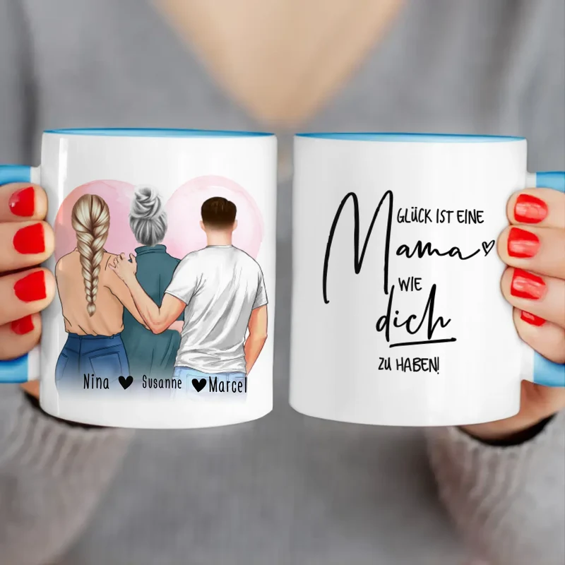Personalisierte Tasse - Mutter/Mama + 1 Tochter + 1 Sohn (stehend)