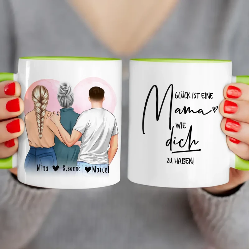 Personalisierte Tasse - Mutter/Mama + 1 Tochter + 1 Sohn (stehend)