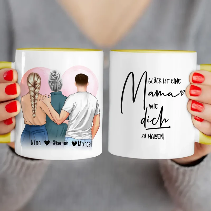 Personalisierte Tasse - Mutter/Mama + 1 Tochter + 1 Sohn (stehend)