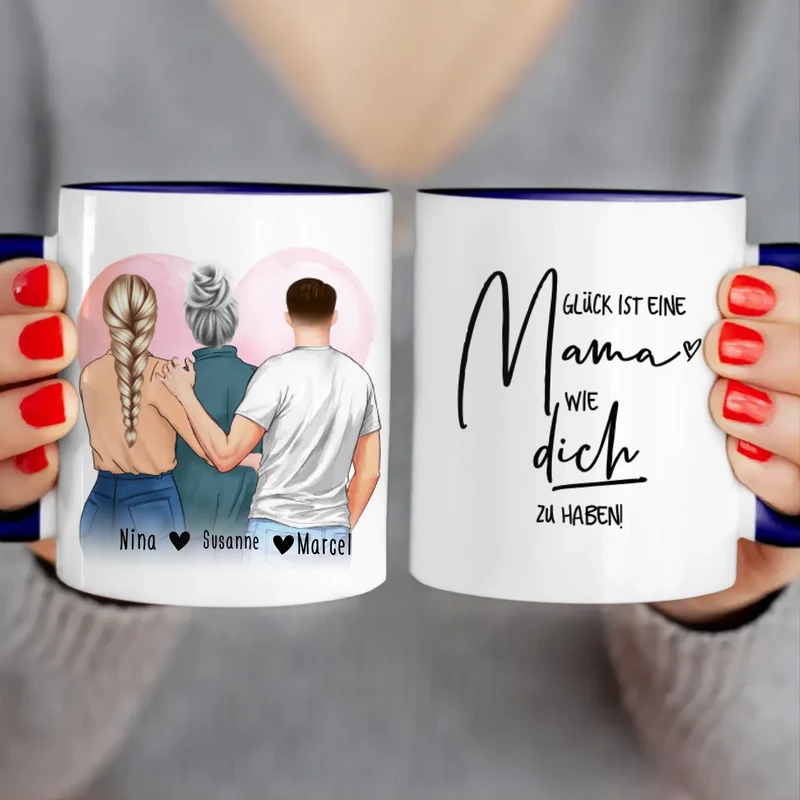 Personalisierte Tasse - Mutter/Mama + 1 Tochter + 1 Sohn (stehend)