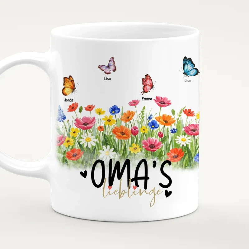 Personalisierte Tasse - Oma's Garten mit 1-10 Schmetterlingen