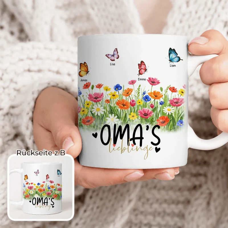 Personalisierte Tasse - Oma's Garten mit 1-10 Schmetterlingen
