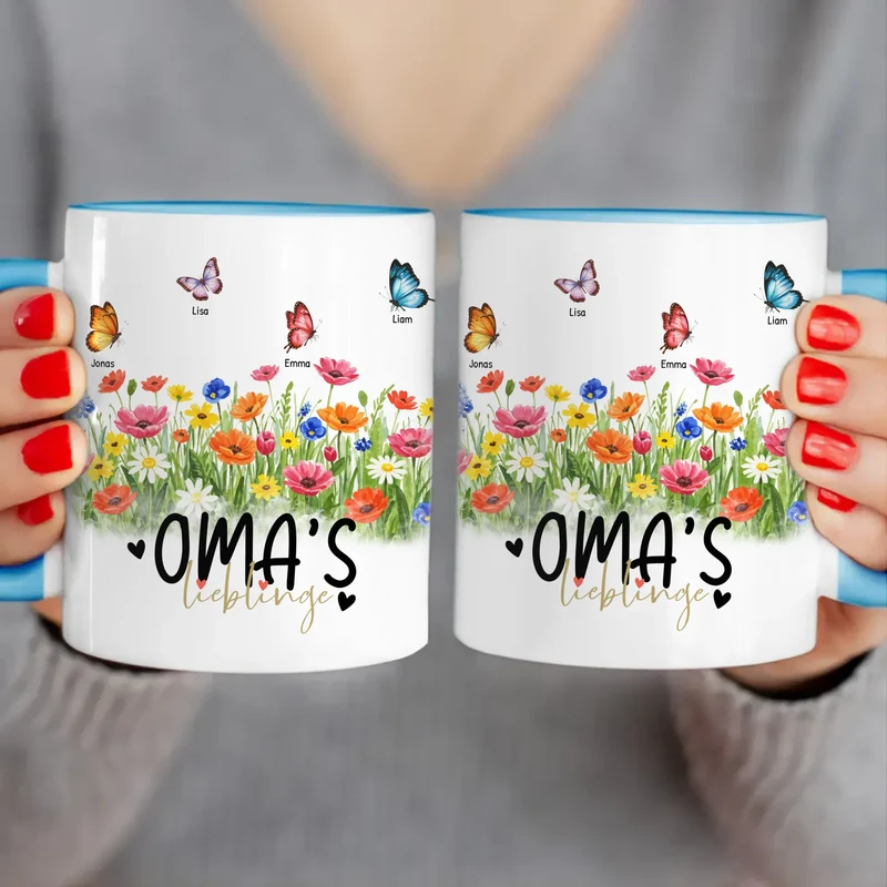 Personalisierte Tasse - Oma's Garten mit 1-10 Schmetterlingen