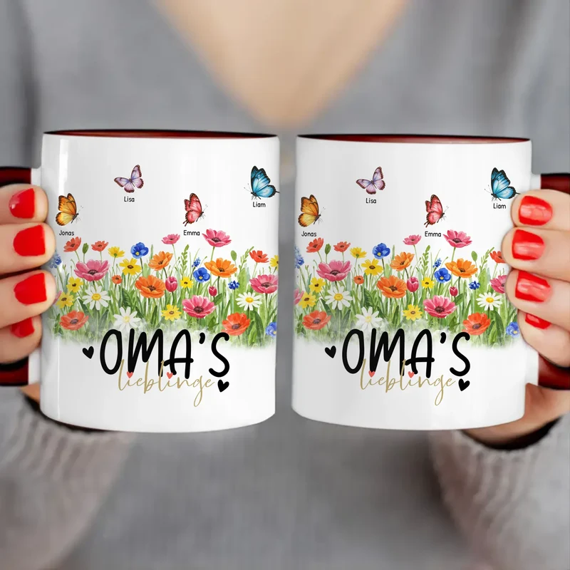 Personalisierte Tasse - Oma's Garten mit 1-10 Schmetterlingen