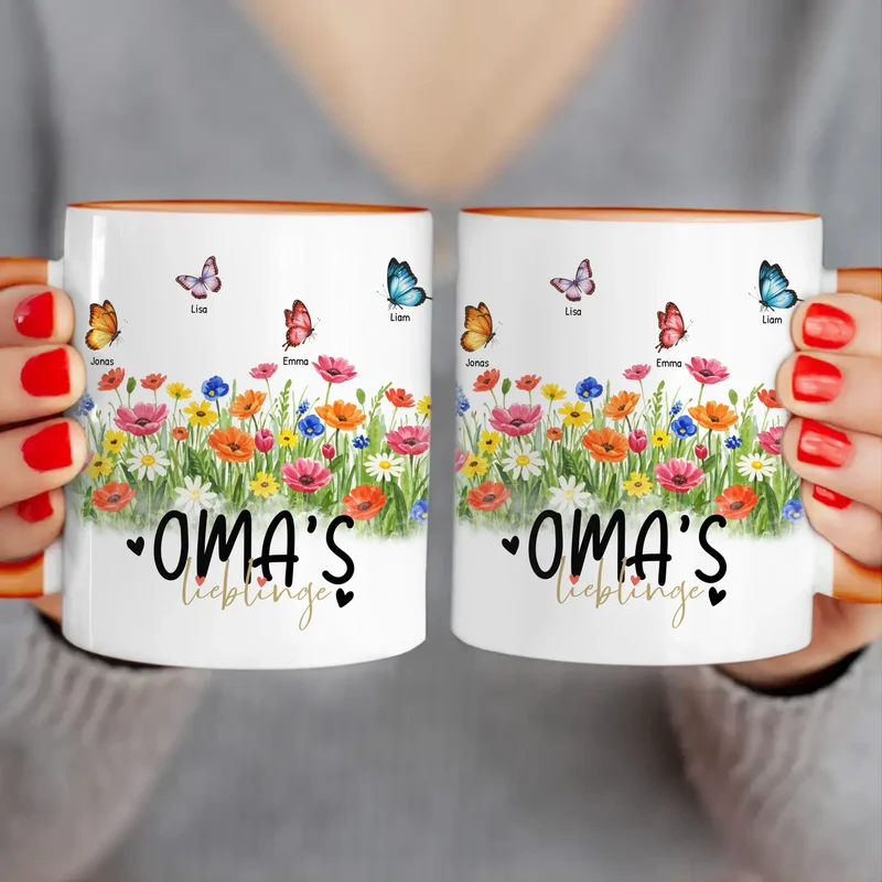 Personalisierte Tasse - Oma's Garten mit 1-10 Schmetterlingen