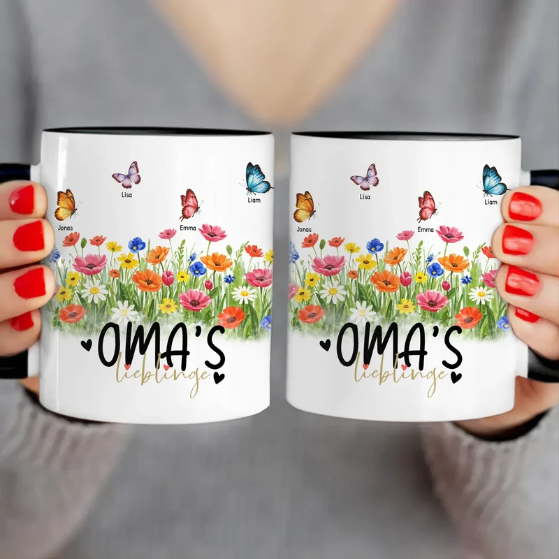 Personalisierte Tasse - Oma's Garten mit 1-10 Schmetterlingen