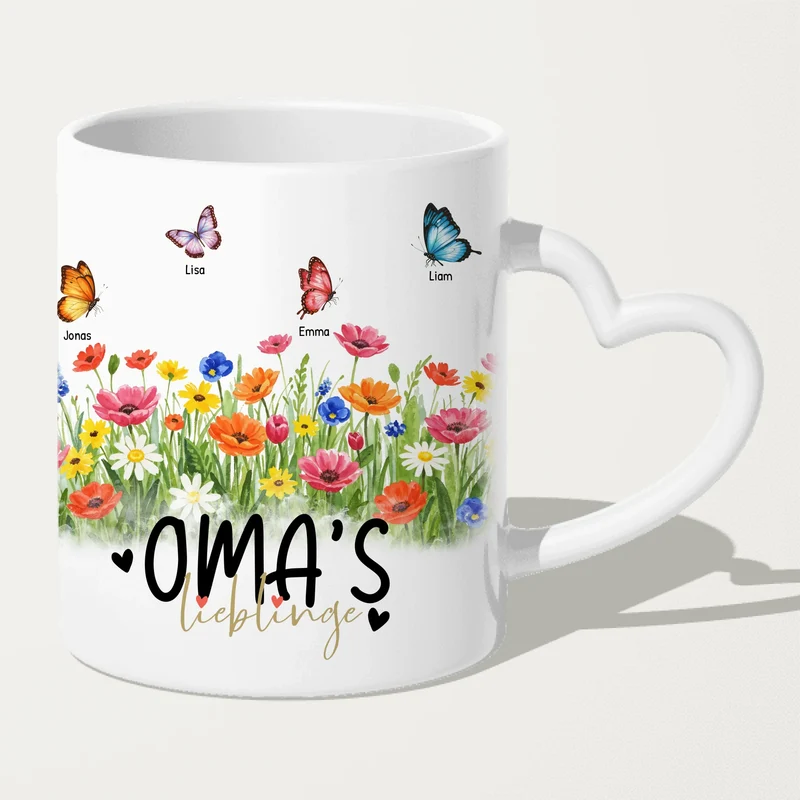 Personalisierte Tasse - Oma's Garten mit 1-10 Schmetterlingen