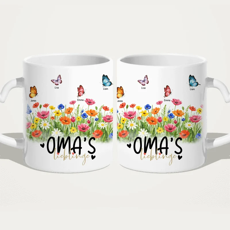 Personalisierte Tasse - Oma's Garten mit 1-10 Schmetterlingen