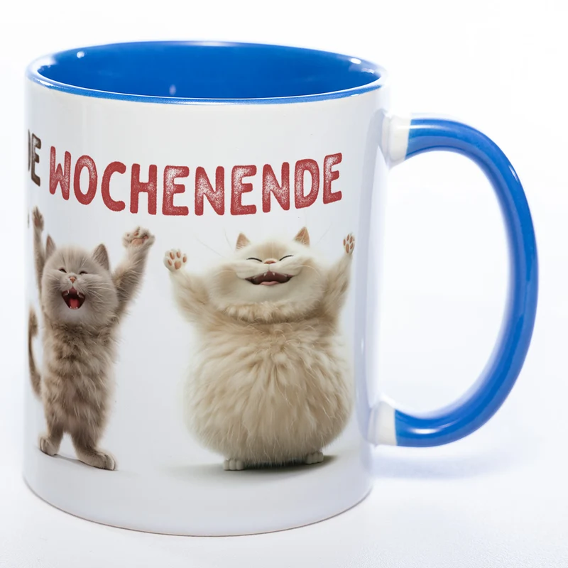 Motiv-Tasse Katzen "Hoch die Hände Wochenende" spülmaschinenfest