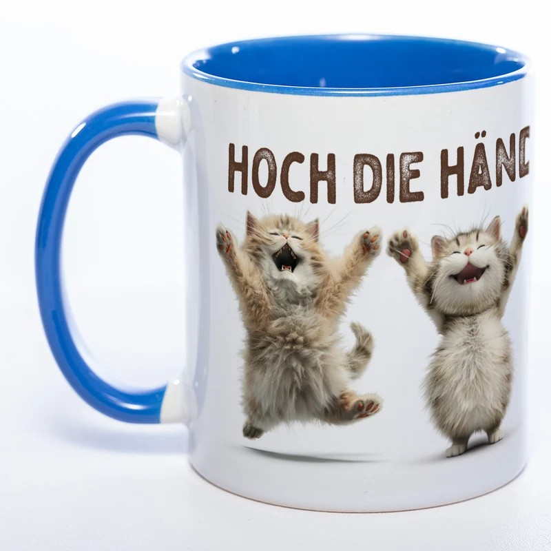 Motiv-Tasse Katzen "Hoch die Hände Wochenende" spülmaschinenfest