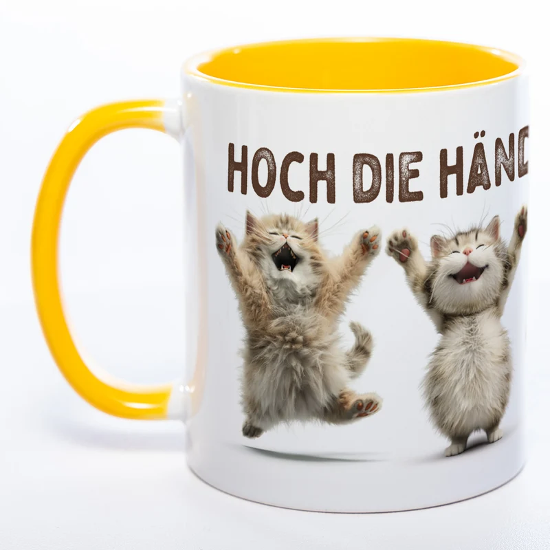 Motiv-Tasse Katzen "Hoch die Hände Wochenende" spülmaschinenfest