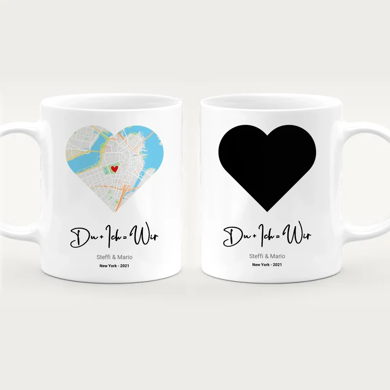 Personalisierte Tasse - Karte in Herzform, Spruch, Namen & Ort