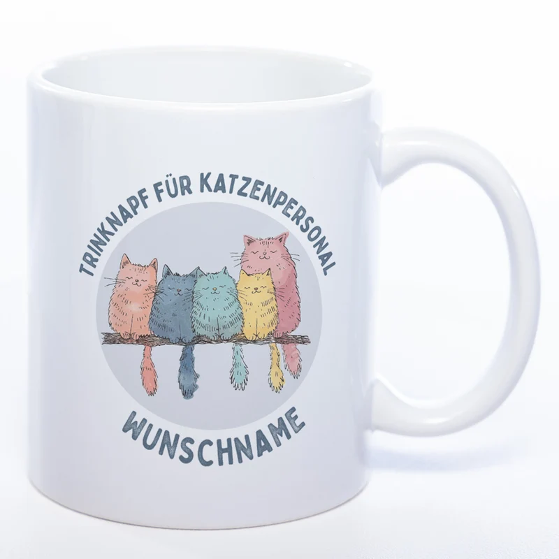Trinknapf für Katzenpersonal - süße Pastellvariante mit Wunschnamen - spülmaschinenfeste Motiv-Tasse - in vielen Farben