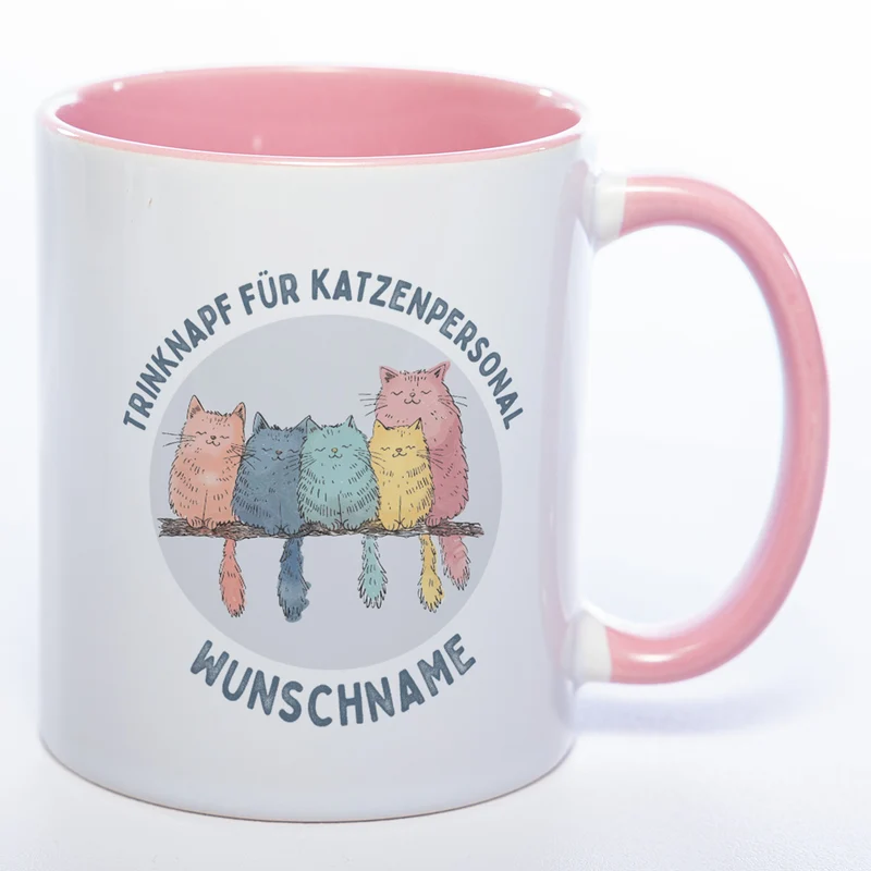 Trinknapf für Katzenpersonal - süße Pastellvariante mit Wunschnamen - spülmaschinenfeste Motiv-Tasse - in vielen Farben