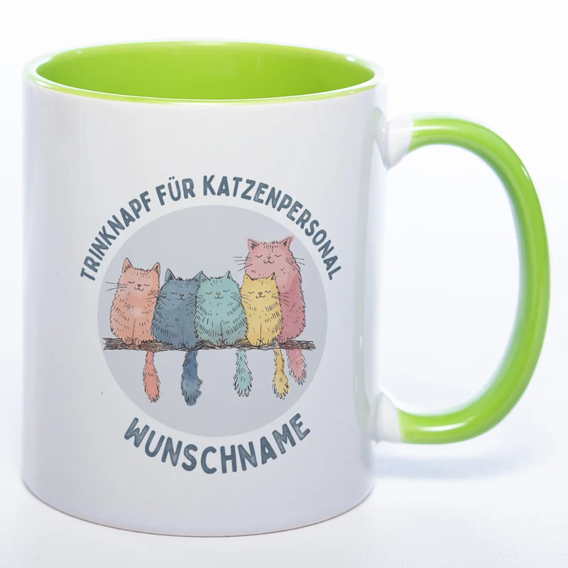 Trinknapf für Katzenpersonal - süße Pastellvariante mit Wunschnamen - spülmaschinenfeste Motiv-Tasse - in vielen Farben