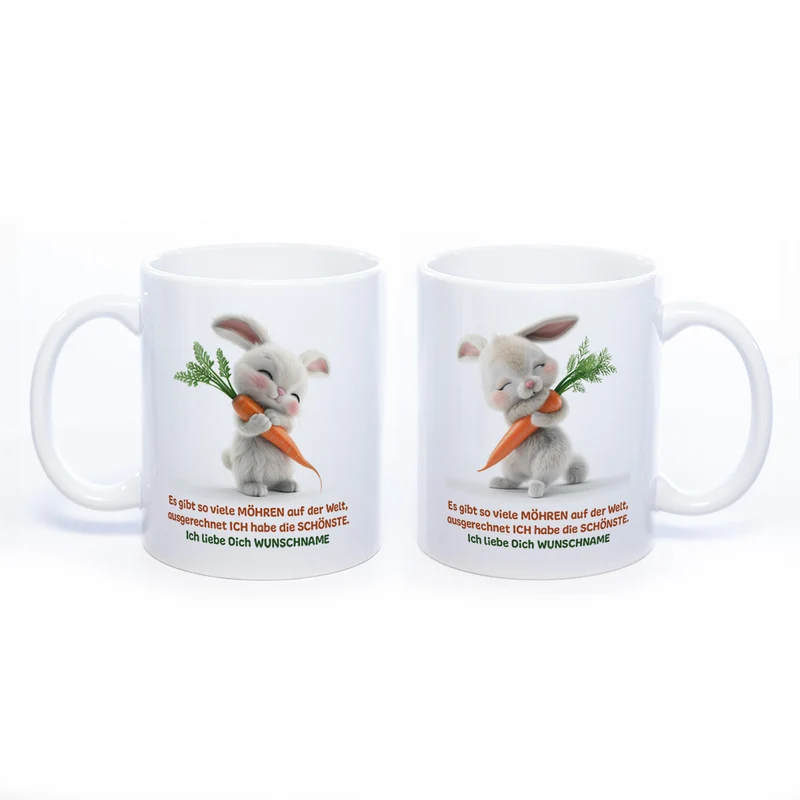 Motivtasse Hase mit Möhre und Wunschnamen - süße Kaffeetasse, nicht nur zu Ostern - spülmaschinenfest