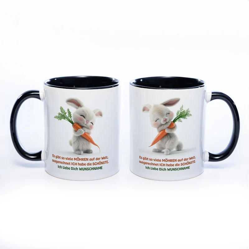 Motivtasse Hase mit Möhre und Wunschnamen - süße Kaffeetasse, nicht nur zu Ostern - spülmaschinenfest