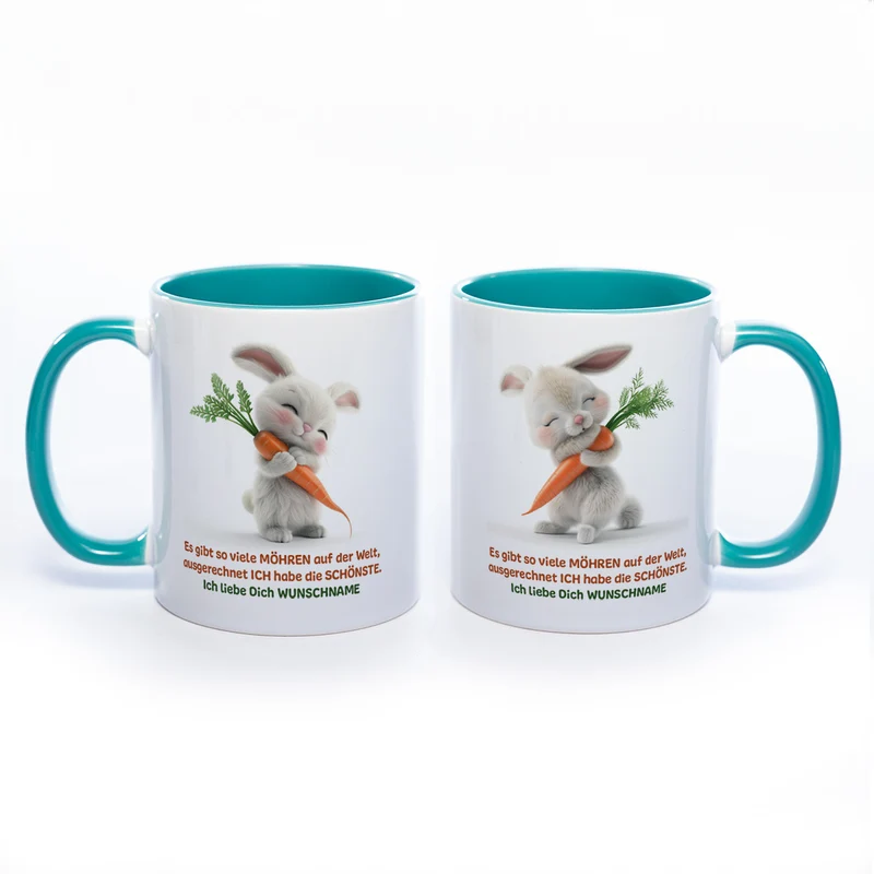 Motivtasse Hase mit Möhre und Wunschnamen - süße Kaffeetasse, nicht nur zu Ostern - spülmaschinenfest