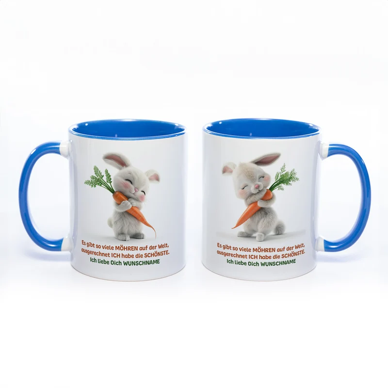 Motivtasse Hase mit Möhre und Wunschnamen - süße Kaffeetasse, nicht nur zu Ostern - spülmaschinenfest