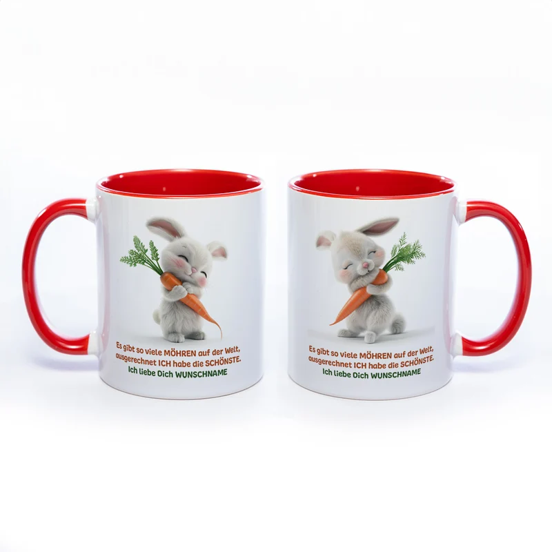 Motivtasse Hase mit Möhre und Wunschnamen - süße Kaffeetasse, nicht nur zu Ostern - spülmaschinenfest