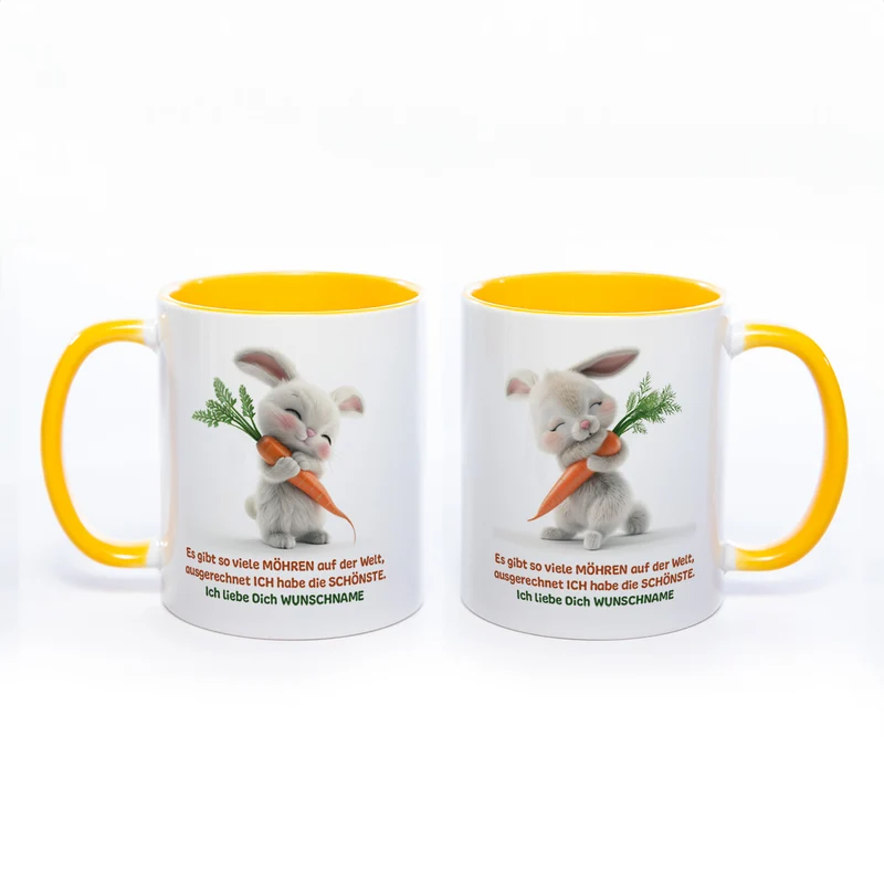Motivtasse Hase mit Möhre und Wunschnamen - süße Kaffeetasse, nicht nur zu Ostern - spülmaschinenfest