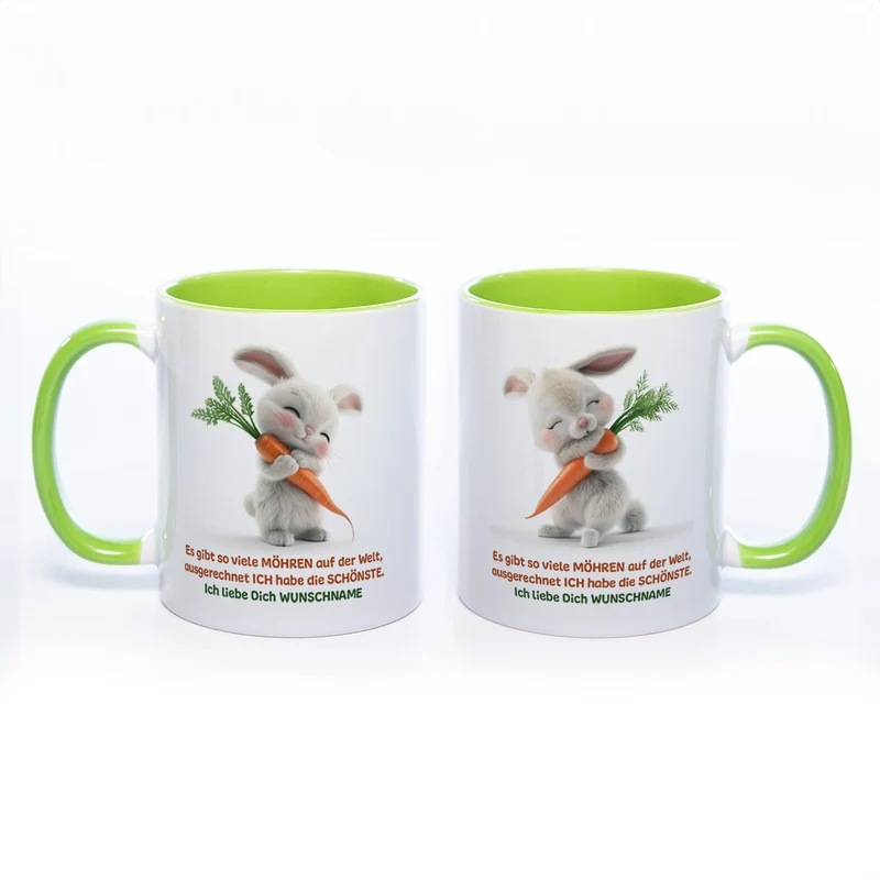 Motivtasse Hase mit Möhre und Wunschnamen - süße Kaffeetasse, nicht nur zu Ostern - spülmaschinenfest
