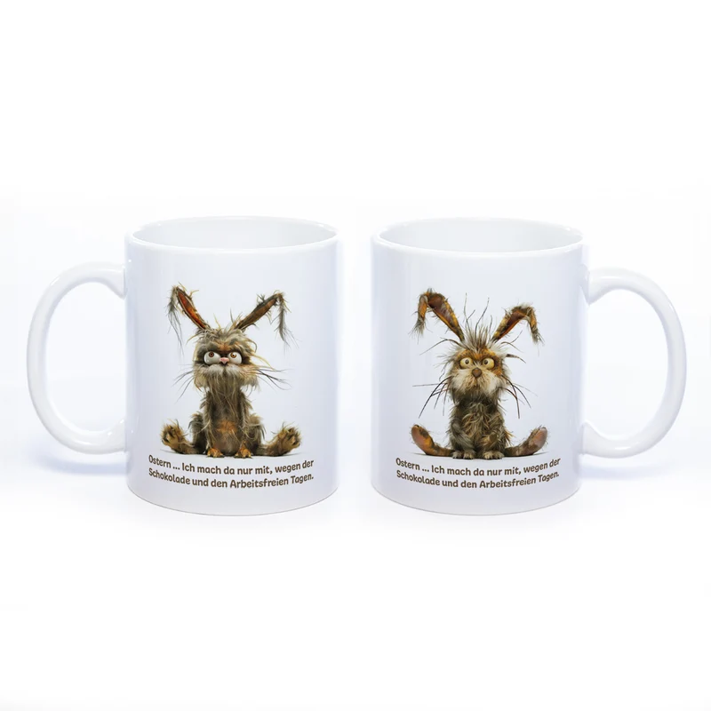 Motiv - Tasse mit Spruch und Hasen: Ostern... Ich mach da nur mit wegen der Schokolade und den arbeitsfreien Tagen. spülmaschinenfest