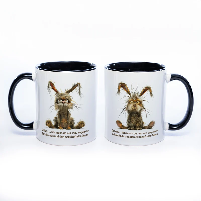 Motiv - Tasse mit Spruch und Hasen: Ostern... Ich mach da nur mit wegen der Schokolade und den arbeitsfreien Tagen. spülmaschinenfest
