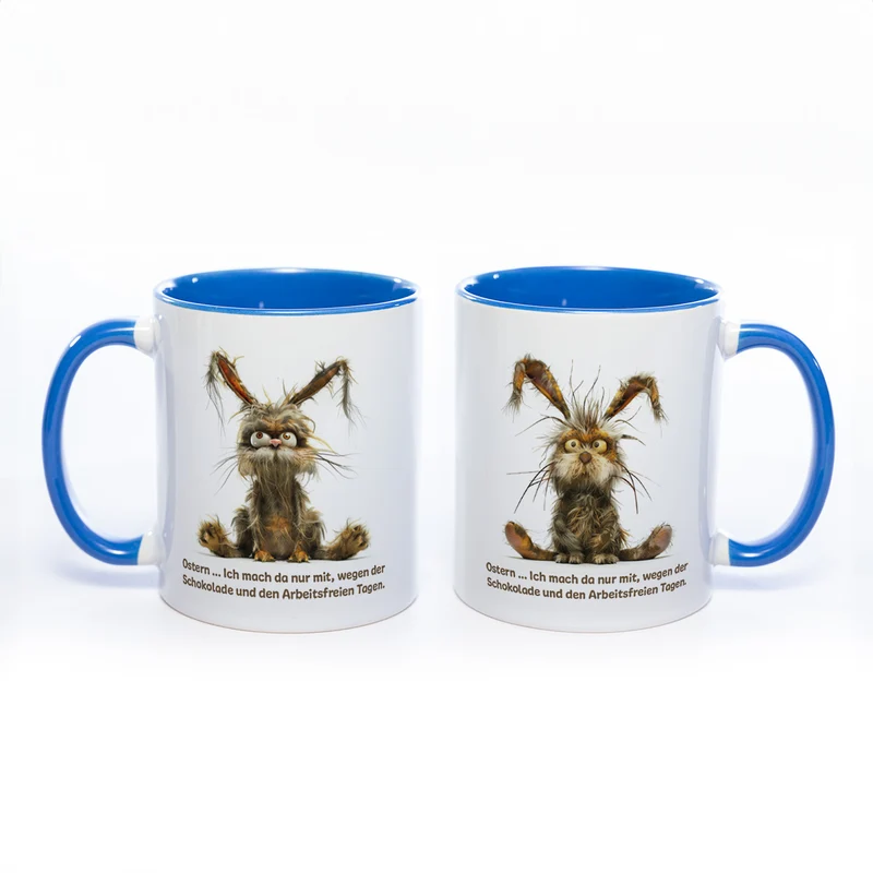 Motiv - Tasse mit Spruch und Hasen: Ostern... Ich mach da nur mit wegen der Schokolade und den arbeitsfreien Tagen. spülmaschinenfest