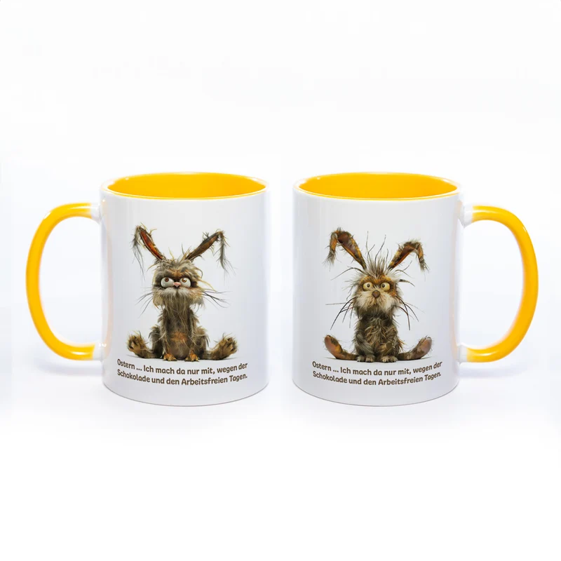 Motiv - Tasse mit Spruch und Hasen: Ostern... Ich mach da nur mit wegen der Schokolade und den arbeitsfreien Tagen. spülmaschinenfest