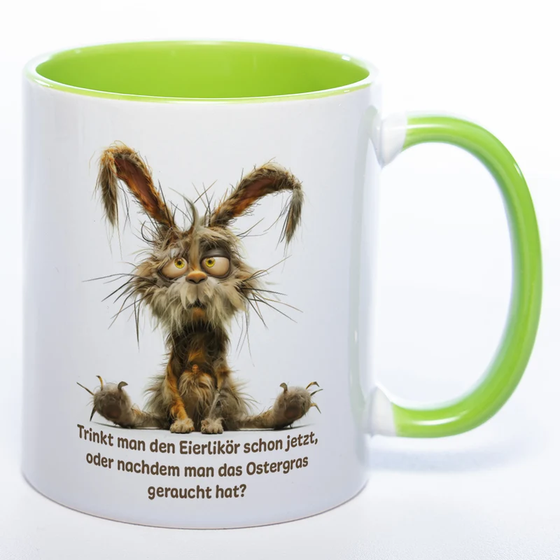 Motiv - Tasse mit Spruch und Hase: Trinkt man den Eierlikör schon jetzt, oder nachdem man das Ostergras geraucht hat? spülmaschinenfest