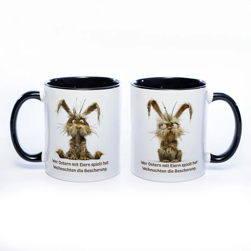 Motiv - Tasse mit Spruch und Hase: Wer Ostern mit Eiern spielt hat Weihnachten die Bescherung.- spülmaschinenfest
