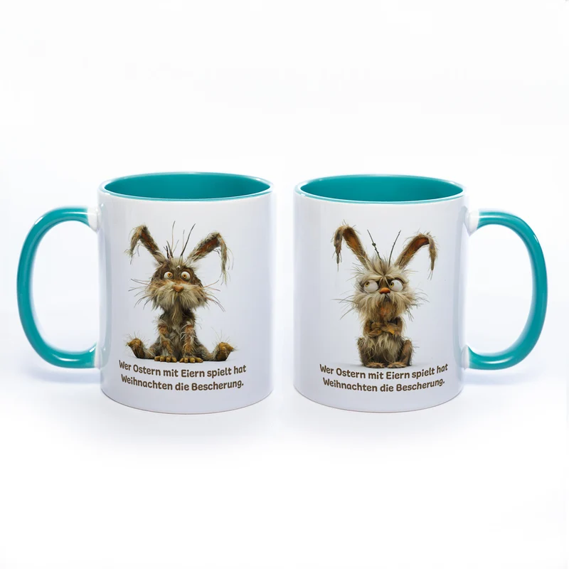 Motiv - Tasse mit Spruch und Hase: Wer Ostern mit Eiern spielt hat Weihnachten die Bescherung.- spülmaschinenfest